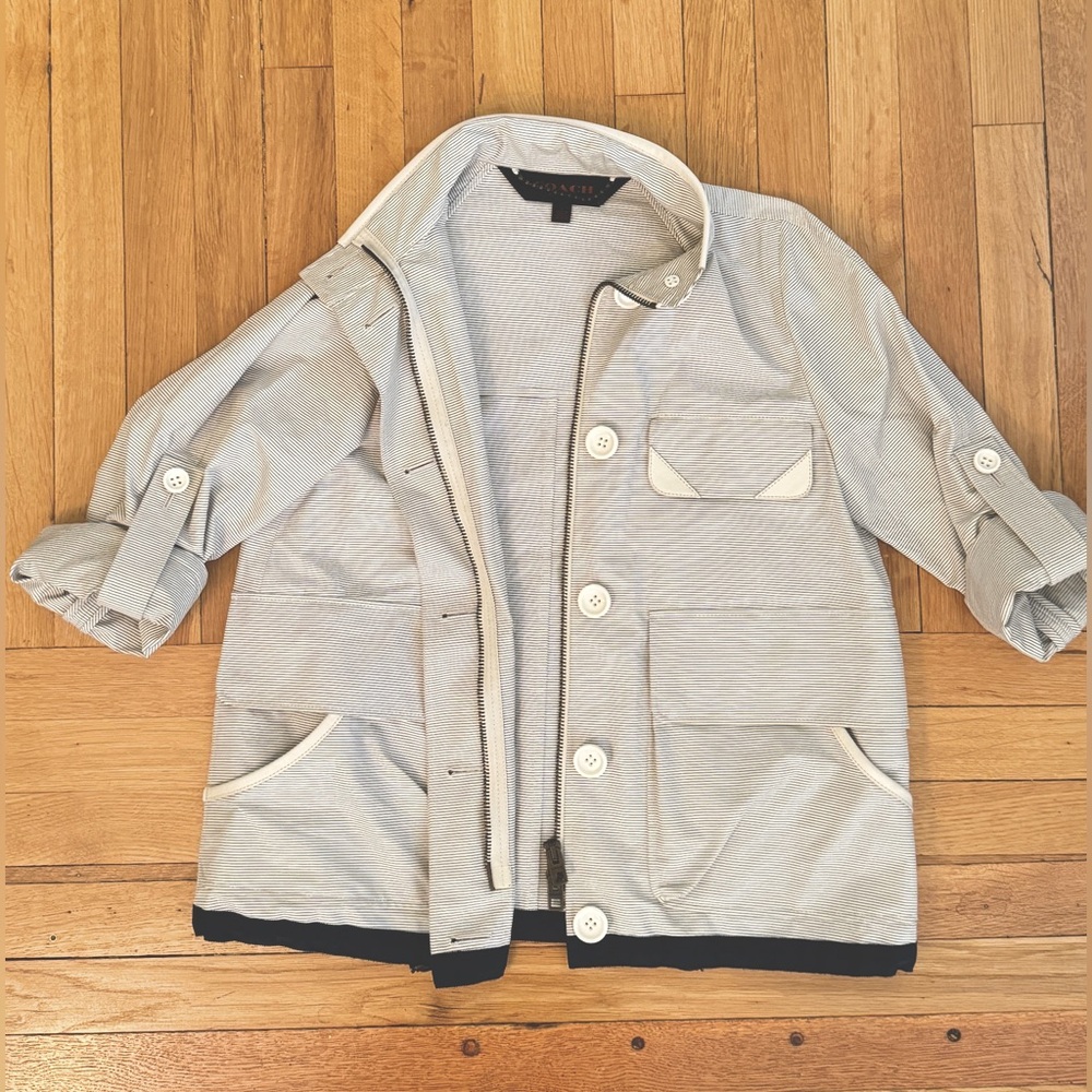 Coach Rain Jacket | Windbreaker | White/Navy Pinstripe | Small | NWOT